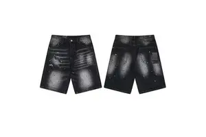 High Street Breathable Light Wash Men's Vintage Denim Shorts Custom High Quality Ripped Patchwork Jeans Whisker Jorts