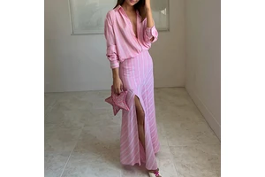 Women Striped Two Piece Skirt Set Button Down Shirt Long Sleeve Collar Top High Waist Split Skirt Office Commute Workwear