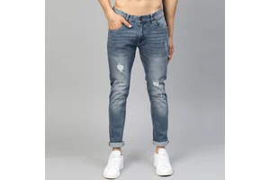 Wholesale Men Long Pants Zipper Pockets Fashion Ragged Blue Biker Jeans Trousers Man Black Ripped Destroy Wash Jeans