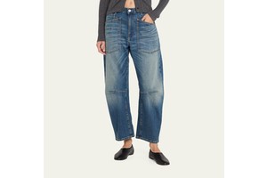 Custom Denim Pants High Rise Baggy Barrel Silhouette Jeans Vintage Wash Blue Loose Jeans Horseshoe Jeans For Women