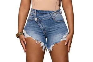 Designer Mid Waisted Crossover Denim Jean Women's Shorts Casual Ripped Summer Raw Hem Denim Hot Shorts