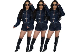 2026 New Arrivals Women Ladies Elegant Denim Jeans 2 Piece Jacket and Shorts Set Clothing Clothes Outfit for Women