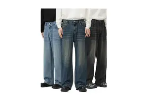 Custom Jeans Manufacturers Cotton Denim Jeans Casual Vintage Faded Jeans Custom Plain Wide Leg Loose Jean Pants