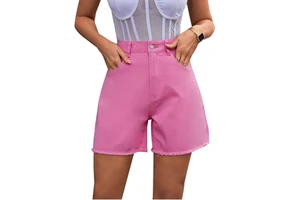 Women's High Waist Straight Solid Color Denim Shorts Candy Pink Casual Summer Style Regular Fit Frayed Hem Color Fade Proof