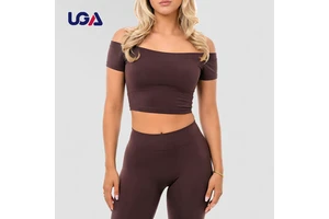 Quick Dry Gym Fitness Off Shoulder Strapless Workout Tops Short Sleeve Custom Logo Yoga Crop Top
