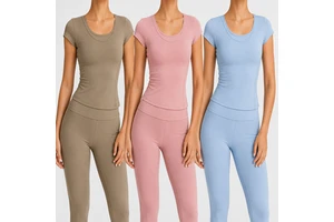 Oem Women's Faux Two-Piece Yoga Top Apparel with Built-in Support Bra Contour Side Seams Slim Fit 4-Way Stretch Workout T-Shirt