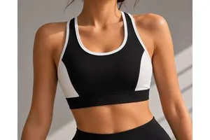 Women's Black White Color Blocking Sports Bra Scoop Neck Racerback Medium Support Breathable Yoga Activewear Seamless Design