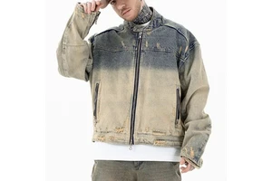 High Quality Clothing Manufacturer Heavyweight Vintage Jacket Men Distressed Zipper Casual Denim Jacket for Men