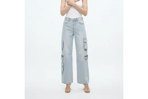 OEM/ODM Ice Blue Cargo Jeans Womens Multi Zipper Pockets Wide Leg Denim Pants Baggy Utility Trousers Factory Direct Wholesale