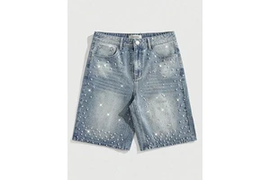 DiZNEW Mens Rhinestone Pearl Stud Denim Shorts Light Wash Mid Rise Rhinestone Denim Shorts Top Jeans Manufacturer