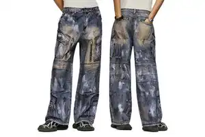 High Street Custom Men's Plus Size Jeans 3D Digital Printed Full Over Print Cargo Denim Pants with Loose Wide Leg Baggy Style