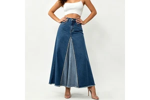 High Waist Maxi Denim Skirt For Women Vintage Long Jean Skirt With Front Split Distressed Raw Hem Slim Fit A-Line Skirt