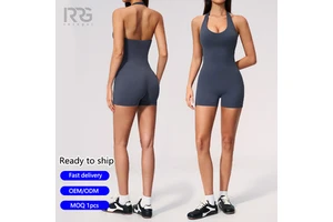 Roregal Women Gym Jumpsuit V Neck Halter Skinny Shorts Push Up Butt Lift Solid Color For Activewear Yoga Sports