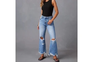 New Women's Denim Mid-Rise Flare Jeans Washed Ripped Long Casual Vintage Quick Dry