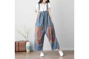 Boutique Wholesale Spring New Large Size Printed Backband Pants Literary Wide Leg Pants Washed Denim Women's Jumpsuit