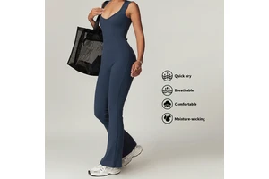 Custom One-piece Spandex Nylon Yoga Sportswear Bodysuits Gym Workout Sports Flare Jumpsuit for Women