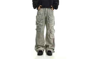 Plus Size Men's Denim Wide Leg Cargo Pant with Multiple Pockets