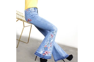 High Quality Casual Embroidered Mid Waist Skinny Distressed Women's Jeans Flared Wide Leg Denim Trousers