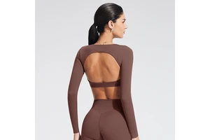 Women Hollow Back Contour Sports Crop Top Long Sleeve Breathable Sculpt Fit Yoga Workout Top