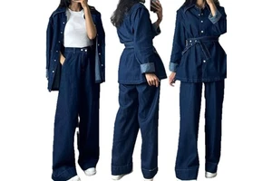 Womens Denim Shirt Jacket with Jeans Cloth Set Elegant Two-Piece Set Long-Sleeve Denim Jacket Suit Set