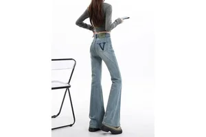 Distressed Vintage Factory Denim Jeans Women's Streetwear Mid Waist Regular Fit Full Length Flare Leg Casual Pants