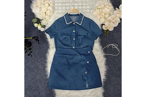 2025 Vintage Women's Denim Casual Suit Solid Pattern Loose Pocket Short Sleeve Shirt Shorts Above Knee Length Washed Techniques