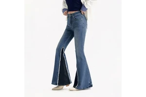 LARSUR Custom Factory Embroidered Patch Flare Jeans Bootcut Slim Fit Distressed Wash Raw Edge High Waist Denim Pants for Women