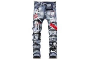 Casual Vintage Printed Men's Jeans Plus Size Loose Fit Mid Waist Softener Woven Light Dark Wash with Hip Hop Button Decoration