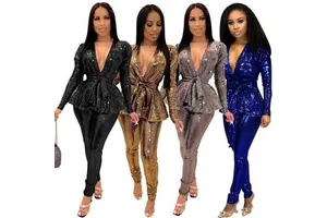 Women Plus Size Office Ladies Sequined Autumn 2 Two Piece Set Top and Pants Elegant Female Casual Business Suits