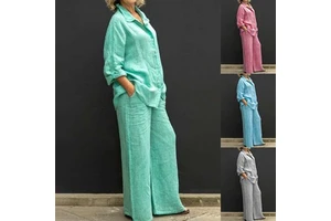 Fashion Fall Women's Solid Button Two Piece Shirt Pants Sets Casual Plus Size Matching Suits