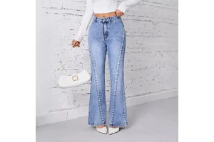 Custom Strike Pearls Washed High Quality Elastic Wide Leg Skinny Slim Fit Flared High Waist Women's Jeans