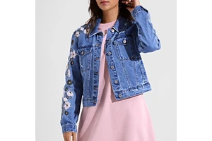 Women's Denim Jacket Floral Embroidery Stonewashed Cotton Casual Fit Spring Wear Women's Denim Jackets & Coats