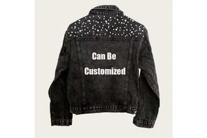 LTH DENIM Personalize Women's High Quality Beaded Jean Coat with Button & Belt Decoration Wedding Pearl Denim Jacket for Bride