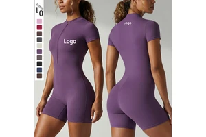 Wholesale Women's Yoga Sports Jumpsuit Quick-Drying Spandex/Nylon Half-Zip Short Sleeve Fitness Overalls Bodycon Jumpsuits