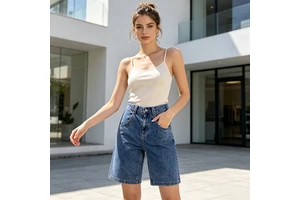 Women's Casual Denim Shorts Washed Loose-Fit Mid-Length Denim Shorts Customizable Colors and Sizes
