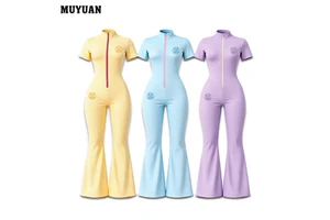 Summer Women Sport Jumpsuit Short Sleeve Zip up Flared Pants Solid Color Spandex Nylon Activewear 1 Piece Custom Logo Wholesale
