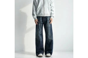 Men's High Quality Authentic American Vintage Hip Hop Knitted Whisker Washed Straight Wide-Leg Loose Mid Waist Autumn Winter