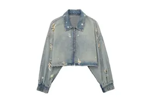 2026 Zipper Fly Jacket New Style Stand Collar Women Denim Jackets Cropped Blue Motorcycle Jacket Back to School