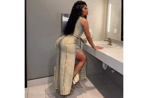 Fashionable Women's Denim Suit From Europe and America Featuring Handmade Vest and Split Denim Skirt