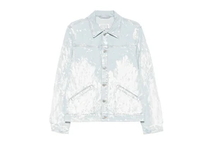 Men's Light Blue Bleached Denim Nylon/Cotton Oversized Casual Streetwear Trucker Coat Paint Splatter Effect OEM/ODM Jacket