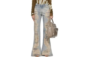 Custom Stylish Flared Denim Jeans Women High Waist Bell Bottom Blue Ripped Distressed Jeans Baggy Denim Bootcut Jeans