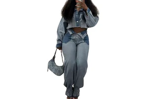 High Quality Women's Casual Solid Pattern Blue Denim Set Long Sleeve Jacket Jeans Pants Short Tops Stand Zipper Breathable