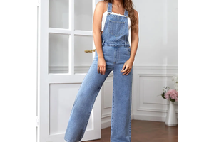 Custom Denim Jumpsuits Manufacture Ladies Denim Jumpsuits Romper Women Denim Medium Blue Casual Overalls Loose Wide Leg Pants