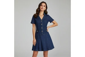 Fashion Button Front Pleated A-Line Mini Dress Side Pockets Women's Casual Short Sleeve Denim Shirt Dress With Lapel Collar