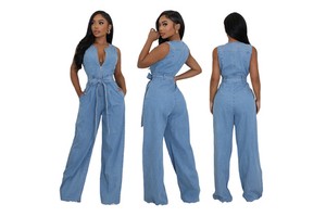 Casual Stretch Sleeveless Denim Jumpsuit One Piece Wide Leg Pants Jumpsuit With Belt