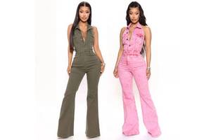 Women's Summer Casual Denim Waist Solid Logo Overalls & Jumpsuits High Elastic Backless Lapel Cross-Border Washed Technics