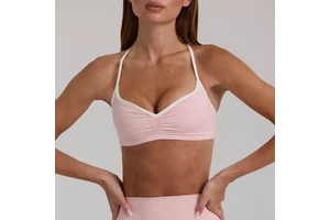 Customer Logo Women Active Wear Gym Fitness V-neck Slender Halter Straps Yoga Bra Contrast Binding Low Impact Brushed Sports Top