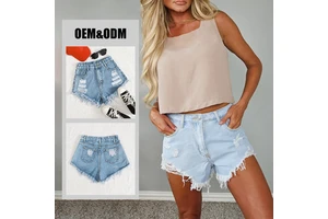 HanyYue High Quality Women's Summer Light Blue Washed Denim Jeans Short Distressed Women's Summer Shorts