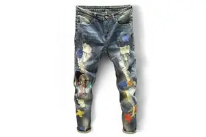 Hip Hop Style Mid Waist Ripped Stretchy Men's Plus Size Pencil Jeans Pants High Street Trousers
