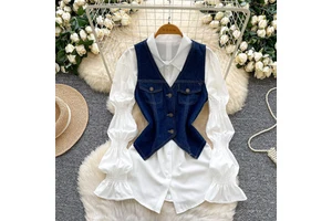 Women's Denim Vest Set: Puff Sleeve Blouse with Fitted Waist, Two-Piece Casual Shirt Outfit for Spring Fashion in White & Black